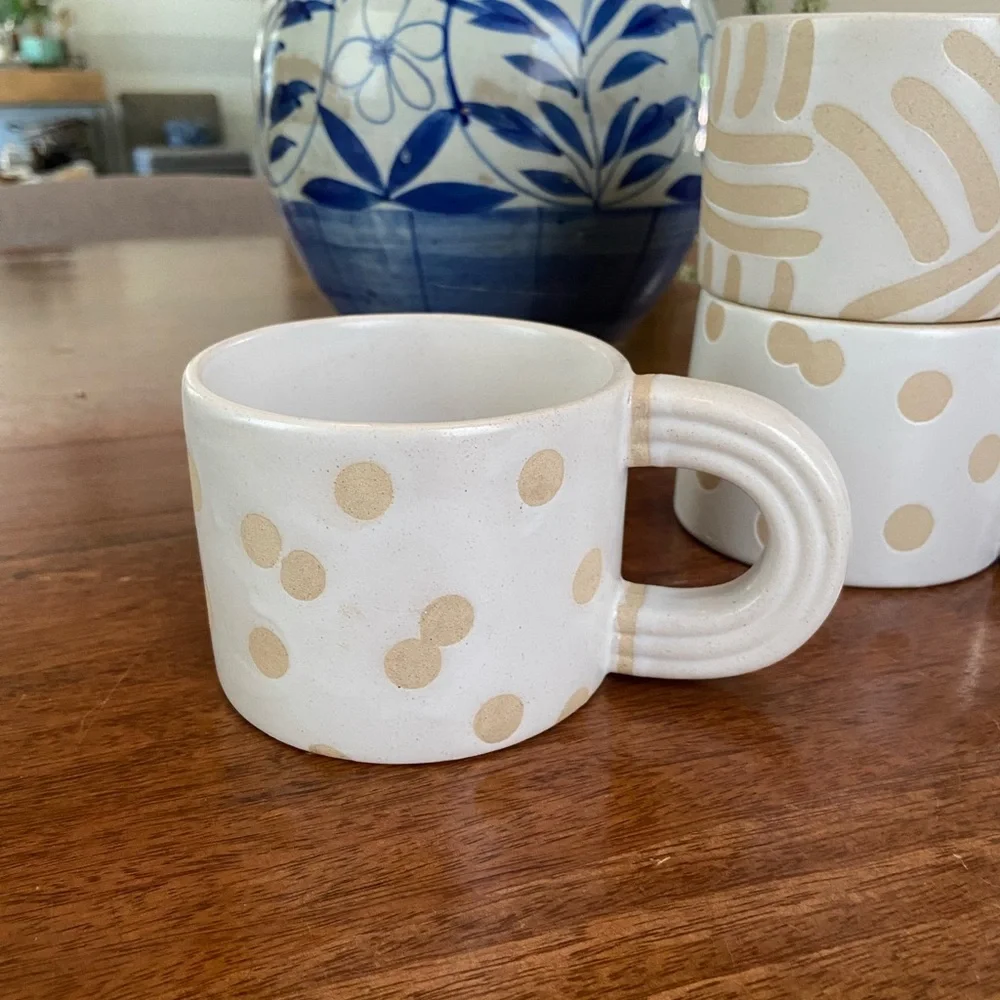 West Elm modern Polka Dot cream Ceramic Mugs Set of 4